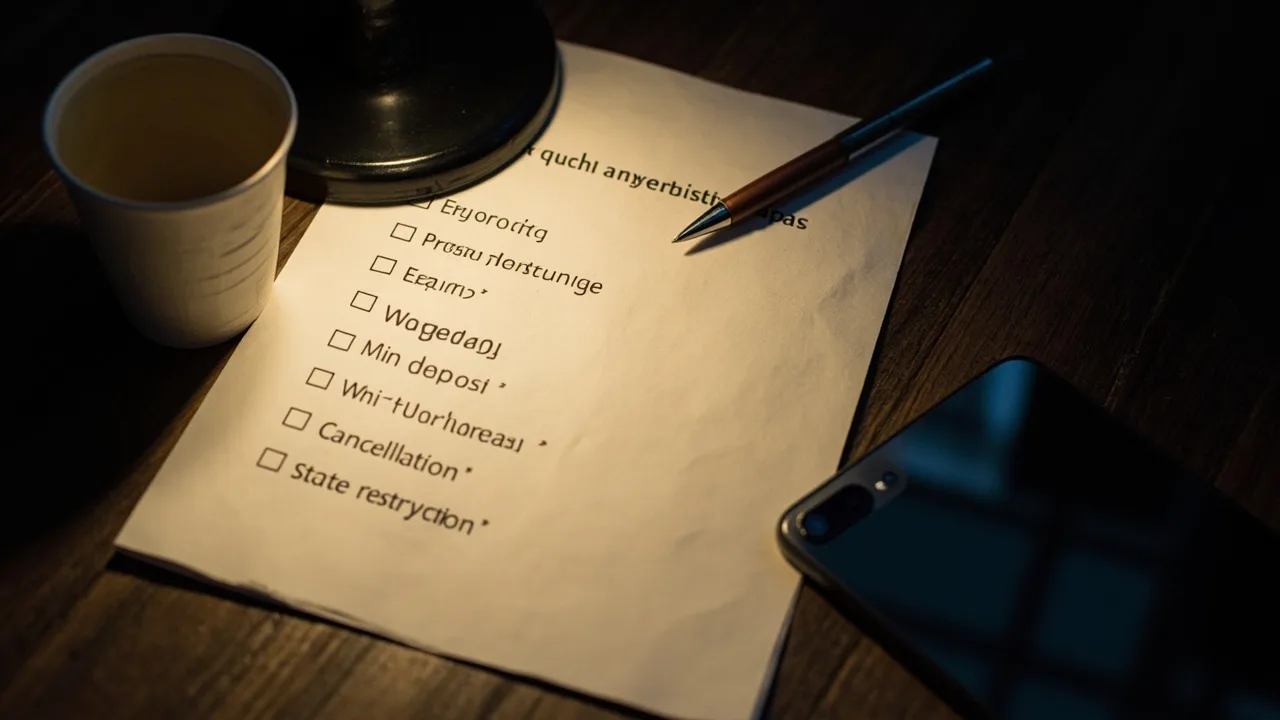 Top-down desk shot of a printed comparison checklist on cream paper, a pen, a paper coffee cup and a smartphone lying face up beside it