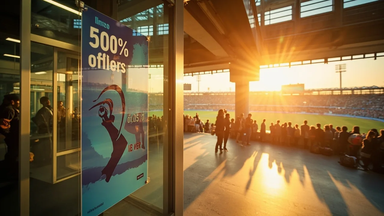Wide editorial view of a cricket stadium concourse at golden hour, with a printed promotional poster on a glass panel that reads like an IPL venue offer notice with a percentage and an asterisk