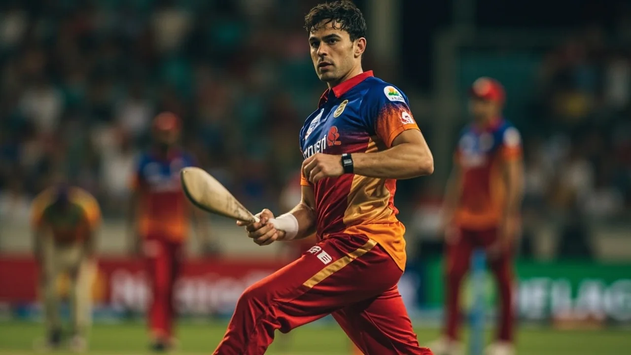 Sideline action frame of a batter preparing to face a delivery during an evening match