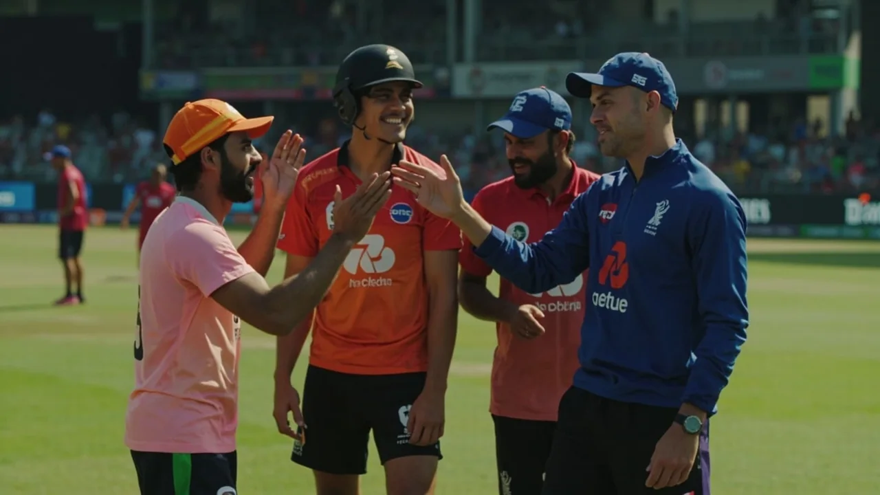 Medium tactical frame of a fielding side setting positions during an evening T20 match