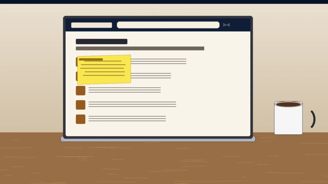 Editorial view of a laptop screen showing an operator's terms page with five numbered clauses, a yellow sticky note marking the first clause near the top of the page, beside a coffee mug on a wooden desk