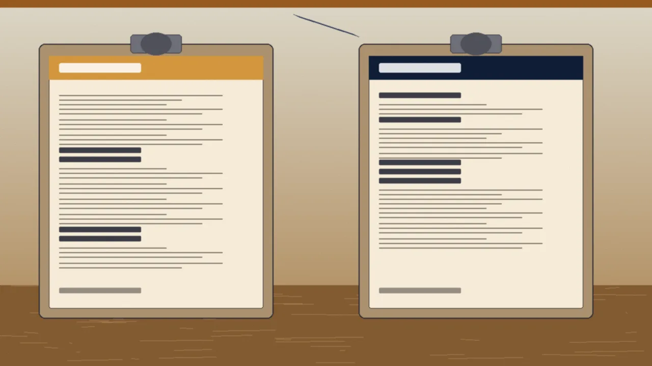 Editorial view of two wooden clipboards sitting side by side on a desk, each with a paper sheet underneath and rows of unreadable text lines, one with an amber header band and one with a navy header band, with a pen laid diagonally between them