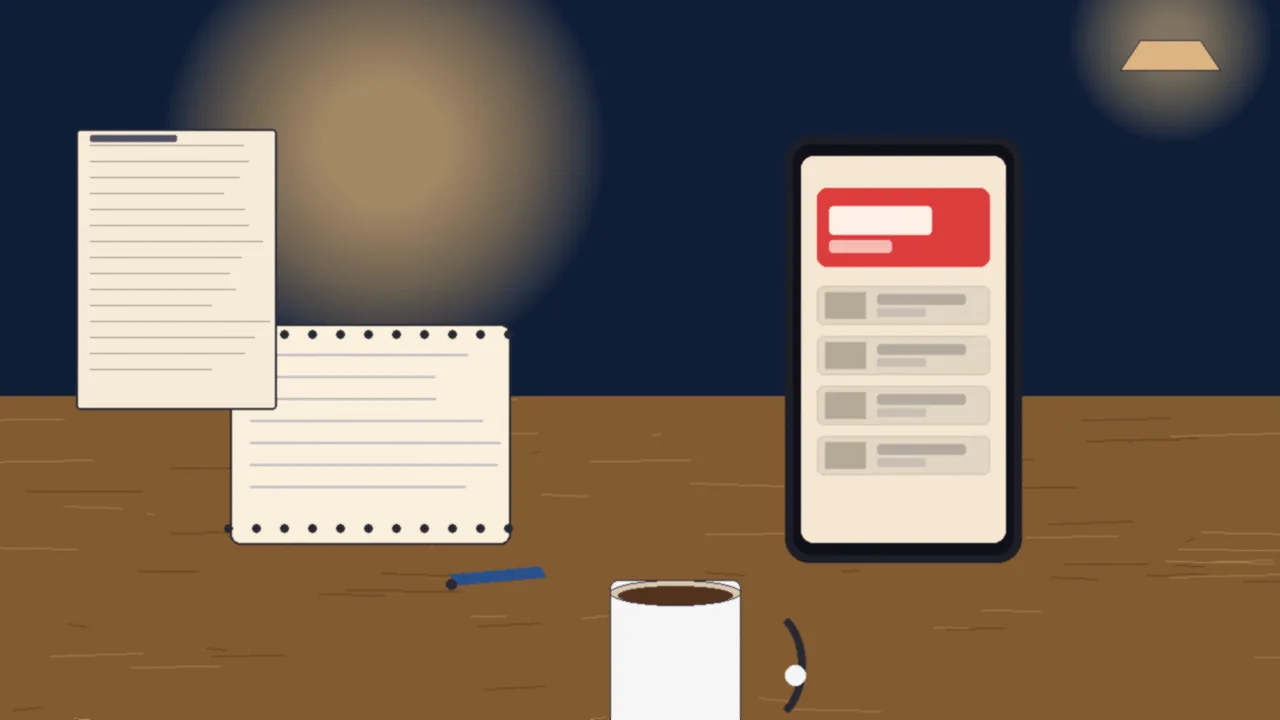 Wide editorial view of an evening research desk: a smartphone showing a bright red bonus banner beside a printed operator terms page, an open spiral notebook, a coffee mug and a warm lamp glow
