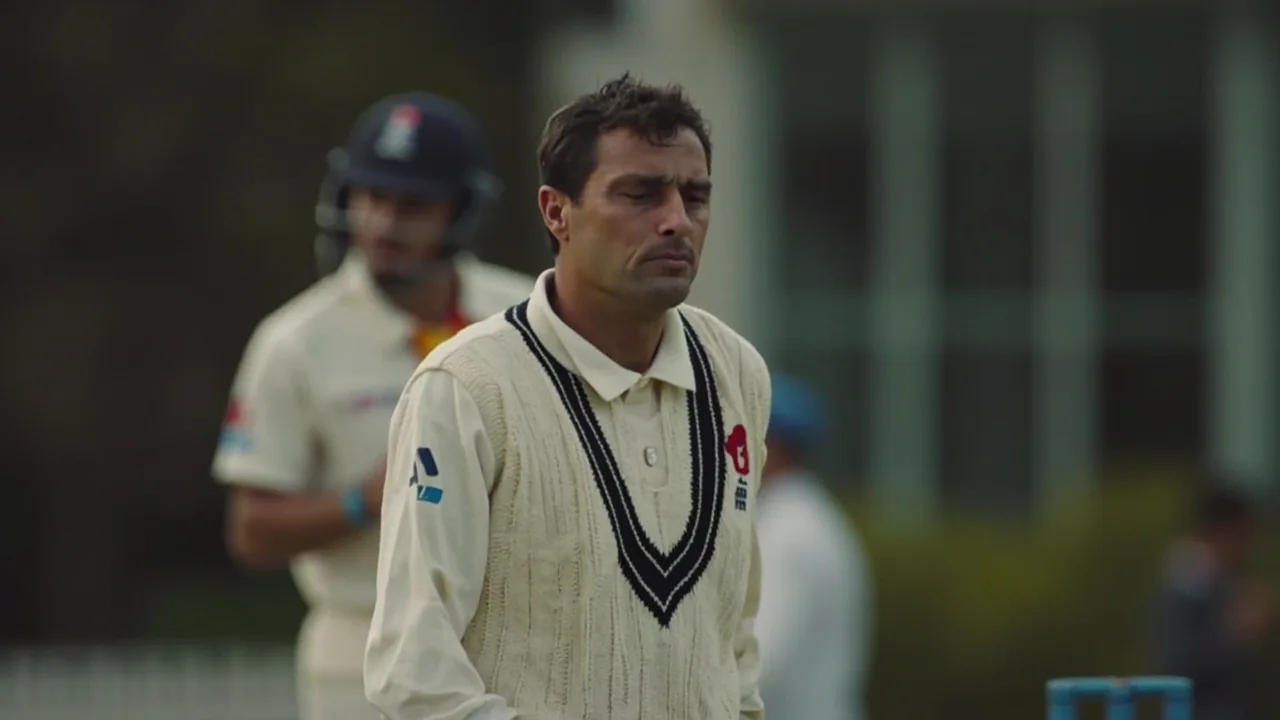 Medium editorial frame of a left-arm spinner reading the field set and a batter’s footwork on a slow English county turner, used as the third image in the Suthar Taunton player-card case study