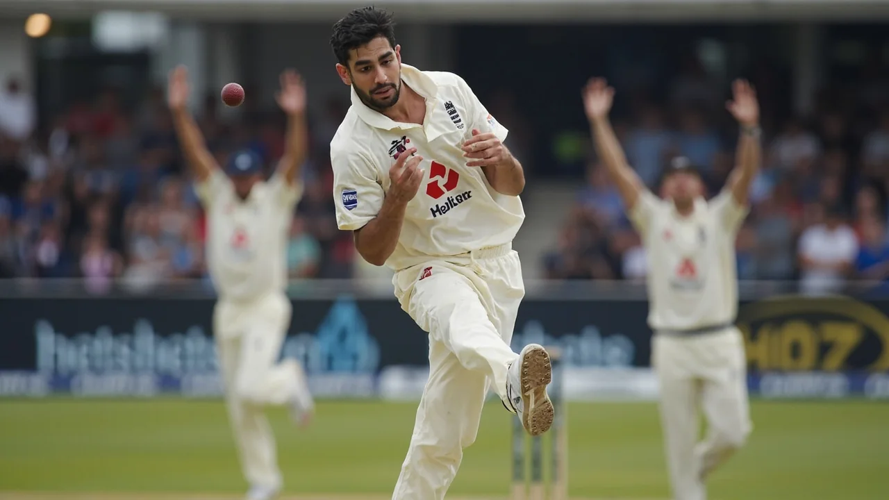 Close editorial frame of a left-arm spinner at the point of delivery on an English county surface, used as the second image in the Suthar Taunton player-card case study