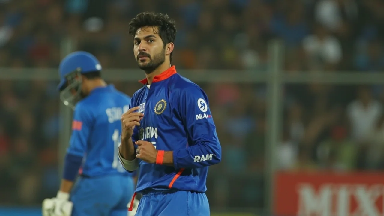Cricket fast bowler in mid-delivery stride under stadium lighting